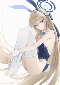 1girl animal_ears aqua_bow aqua_bowtie blonde_hair blue_eyes blue_hairband blue_halo blue_leotard bow bowtie braid breasts closed_mouth detached_collar expressionless fake_animal_ears fake_tail from_side full_body hair_bow hairband halo highleg highleg_leotard hugging_own_legs knees_up large_breasts leotard long_hair looking_at_viewer official_alternate_costume playboy_bunny rabbit_ears rabbit_tail simple_background sitting solo strapless strapless_leotard tail thighhighs very_long_hair white_background white_thighhighs white_wrist_cuffs wrist_cuffs jiang_zhuti_jiojio blue_archive toki__blue_archive toki__bunny__blue_archive