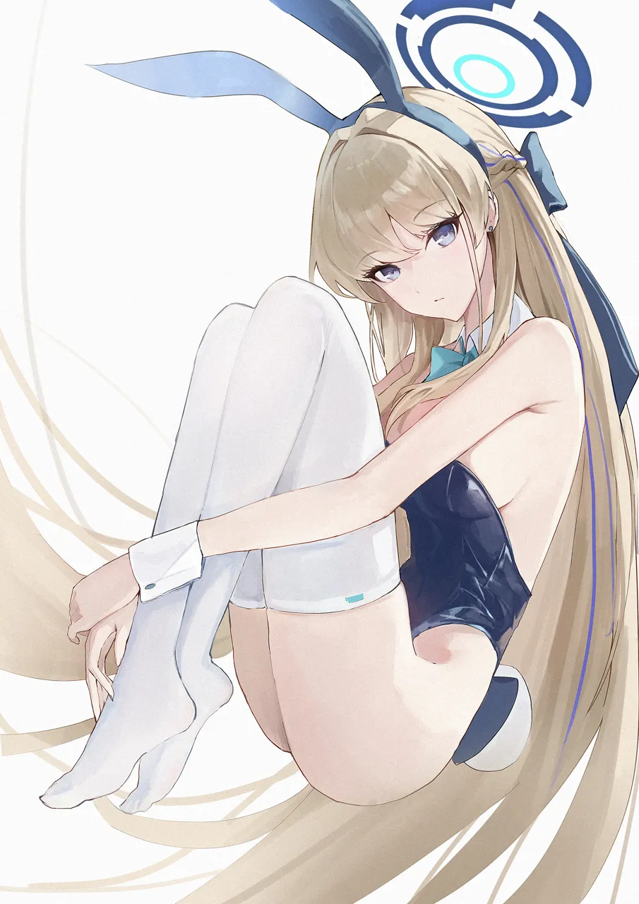 1girl animal_ears aqua_bow aqua_bowtie blonde_hair blue_eyes blue_hairband blue_halo blue_leotard bow bowtie braid breasts closed_mouth detached_collar expressionless fake_animal_ears fake_tail from_side full_body hair_bow hairband halo highleg highleg_leotard hugging_own_legs knees_up large_breasts leotard long_hair looking_at_viewer official_alternate_costume playboy_bunny rabbit_ears rabbit_tail simple_background sitting solo strapless strapless_leotard tail thighhighs very_long_hair white_background white_thighhighs white_wrist_cuffs wrist_cuffs jiang_zhuti_jiojio blue_archive toki__blue_archive toki__bunny__blue_archive