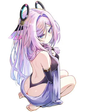 1girl ass back bare_shoulders barefoot blue_eyes blush braid breasts closed_mouth facial_mark feathers feet floating_headgear forehead_mark hair_intakes headgear large_breasts leotard looking_back median_furrow pink_feathers pink_hair pink_pupils purple_feathers purple_sleeves ribbed_leotard ribbed_sleeves ring_hair_ornament seiza shoulder_blades simple_background sitting solo thighs thong thong_leotard toes triangle triangle_facial_mark white_background so2mizura genshin_impact citlali__genshin_impact
