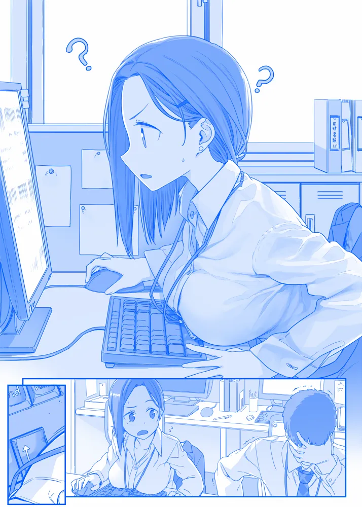1boy 1girl blue_theme breast_rest breasts bulletin_board chair collared_shirt comic computer_keyboard computer_mouse confused d dress_shirt earrings facepalm failure flying_sweatdrops getsuyoubi_no_tawawa hair_ornament hairclip himura_kiseki id_card inconvenient_breasts indoors jacket jewelry kouhai_chan__tawawa lanyard large_breasts leaning_forward long_sleeves mole mole_under_eye monitor monochrome multiple_monitors necktie office office_chair office_lady open_mouth parted_bangs profile senpai__tawawa shirt silent_comic sitting swivel_chair technical_difficulties trembling unworn_jacket