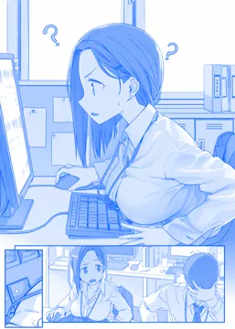 1boy 1girl blue_theme breast_rest breasts bulletin_board chair collared_shirt comic computer_keyboard computer_mouse confused d dress_shirt earrings facepalm failure flying_sweatdrops getsuyoubi_no_tawawa hair_ornament hairclip himura_kiseki id_card inconvenient_breasts indoors jacket jewelry kouhai_chan__tawawa lanyard large_breasts leaning_forward long_sleeves mole mole_under_eye monitor monochrome multiple_monitors necktie office office_chair office_lady open_mouth parted_bangs profile senpai__tawawa shirt silent_comic sitting swivel_chair technical_difficulties trembling unworn_jacket