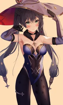 1girl armpits arms_up bare_shoulders black_choker black_gloves black_hair black_pantyhose blue_leotard breasts choker covered_navel cowboy_shot detached_collar detached_sleeves gloves gold_trim green_eyes hand_on_headwear hat highleg highleg_leotard jewelry leotard long_hair long_sleeves looking_at_viewer medium_breasts pantyhose simple_background solo standing thighlet thighs twintails very_long_hair witch_hat yellow_background niji__rudduf232 genshin_impact mona__genshin_impact