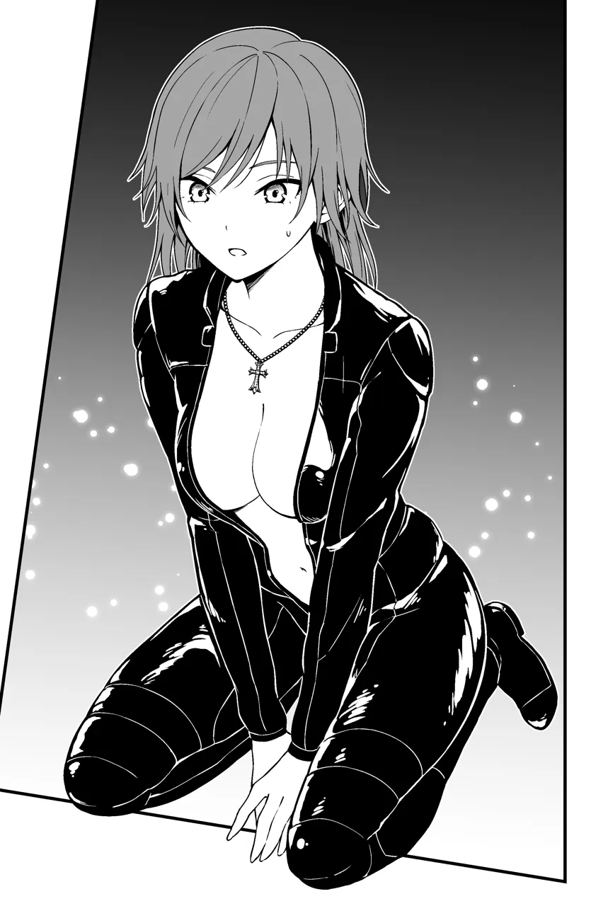 1girl biker_clothes bikesuit bodysuit breasts cleavage collarbone cross cross_necklace full_body genderswap genderswap__mtf greyscale jewelry long_hair monochrome necklace open_bodysuit open_clothes seiza sitting solo kanden_sky