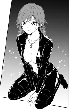 1girl biker_clothes bikesuit bodysuit breasts cleavage collarbone cross cross_necklace full_body genderswap genderswap__mtf greyscale jewelry long_hair monochrome necklace open_bodysuit open_clothes seiza sitting solo kanden_sky