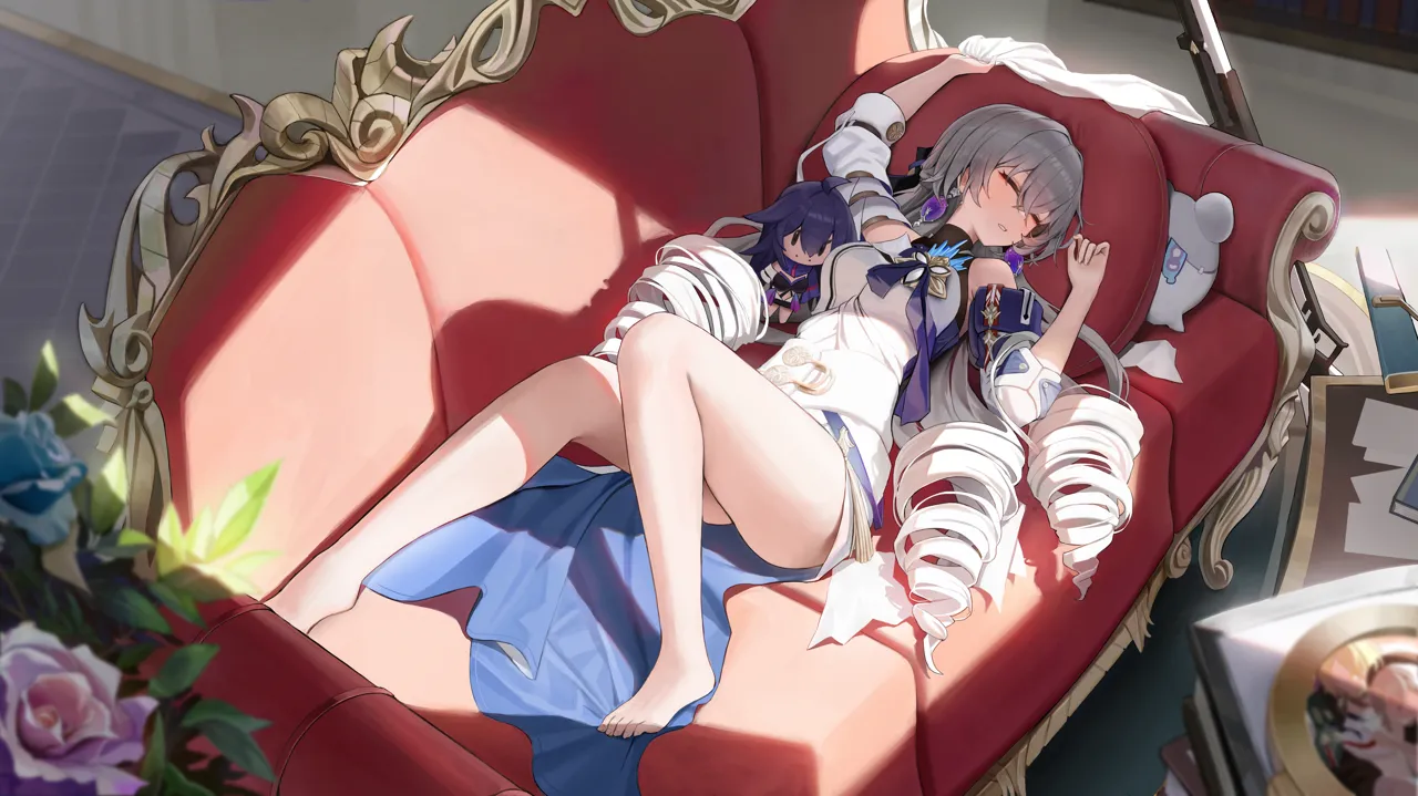 1girl arm_scarf arms_up bare_legs barefoot blush breasts bronya_rand character_doll closed_eyes couch dress drill_hair feet flower full_body grey_hair hair_between_eyes honkai__series honkai__star_rail knee_up legs long_hair on_couch pillow purple_scarf scarf seele__honkai__star_rail sleeping solo stuffed_toy sunlight thighs toes white_dress wubbaboo__honkai__star_rail yarn__yarn_03
