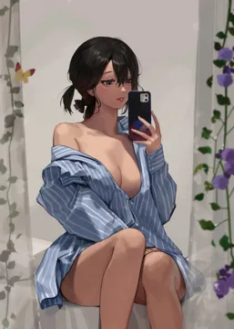 1girl black_hair blue_eyes breasts bug butterfly buttons cellphone cleavage convenient_leg curtains feet_out_of_frame flower grin hair_between_eyes hair_ribbon hand_on_lap holding holding_phone large_breasts lipgloss lips long_hair long_sleeves maenoo makeup mascara naked_shirt no_bra off_shoulder open_mouth oversized_clothes oversized_shirt pajamas parted_lips partially_unbuttoned phone ponytail purple_flower real_life_insert red_lips ribbon selfie shirt sitting smartphone smile solo striped_clothes striped_pajamas thighs