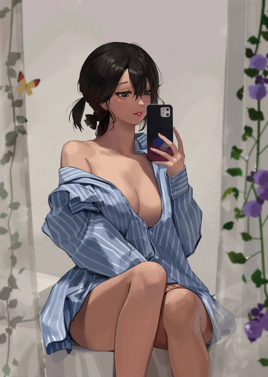 1girl black_hair blue_eyes breasts bug butterfly buttons cellphone cleavage convenient_leg curtains feet_out_of_frame flower grin hair_between_eyes hair_ribbon hand_on_lap holding holding_phone large_breasts lipgloss lips long_hair long_sleeves maenoo makeup mascara naked_shirt no_bra off_shoulder open_mouth oversized_clothes oversized_shirt pajamas parted_lips partially_unbuttoned phone ponytail purple_flower real_life_insert red_lips ribbon selfie shirt sitting smartphone smile solo striped_clothes striped_pajamas thighs