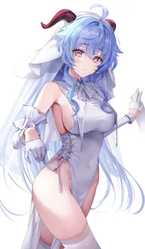 1girl ahoge bare_shoulders blue_hair blush breasts bridal_veil cross_laced_clothes detached_sleeves frills ganyu__genshin_impact genshin_impact gloves goat_horns horns large_breasts leotard long_hair looking_at_viewer purple_eyes rity sideboob sidelocks solo thighhighs thighs veil white_background