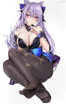 1girl bare_shoulders black_dress blush breasts brown_pantyhose cleavage collarbone cone_hair_bun detached_collar dress feet genshin_impact hair_bun hair_ornament keqing__genshin_impact keqing__opulent_splendor__genshin_impact large_breasts legs long_hair looking_at_viewer misaka_12003_gou no_shoes pantyhose purple_eyes purple_hair purple_skirt skirt solo strapless strapless_dress swept_bangs twintails wrist_cuffs