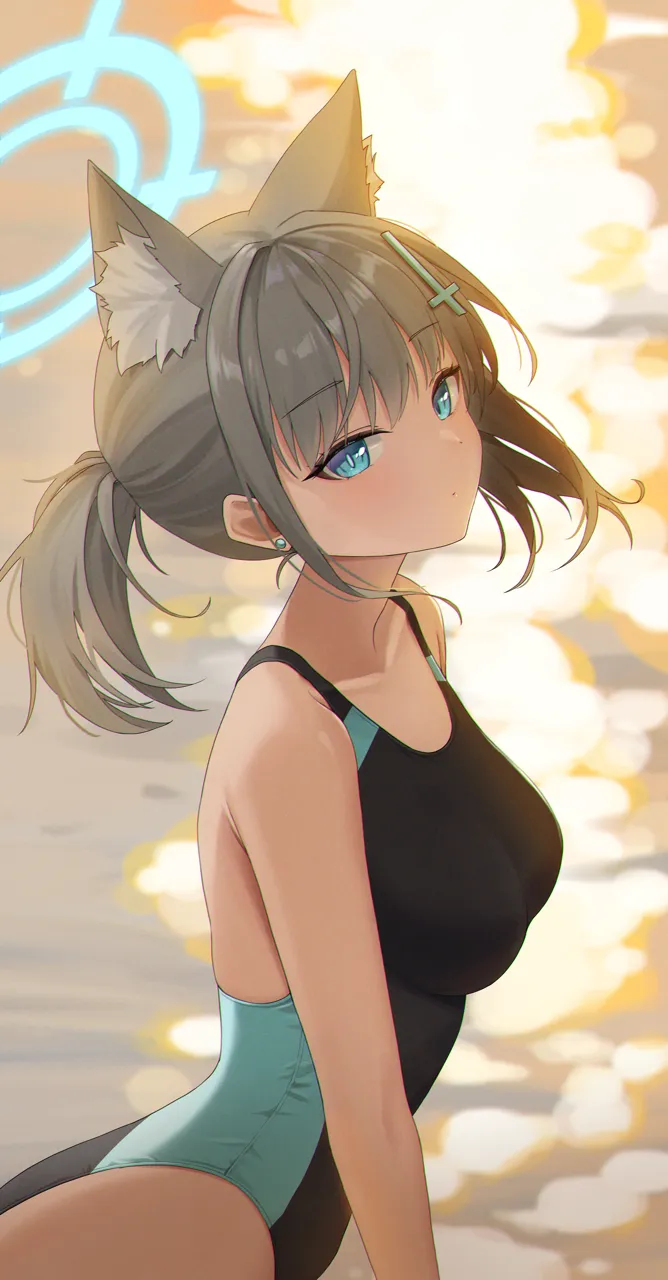 1girl animal_ear_fluff animal_ears bare_arms bare_legs bare_shoulders black_one_piece_swimsuit blue_eyes breasts closed_mouth cowboy_shot cross_hair_ornament extra_ears grey_hair hair_ornament halo looking_at_viewer medium_breasts medium_hair official_alternate_costume one_piece_swimsuit ponytail solo swimsuit wolf_ears nasol blue_archive shiroko__blue_archive shiroko__swimsuit__blue_archive
