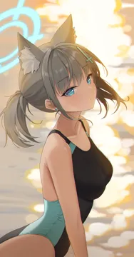 1girl animal_ear_fluff animal_ears bare_arms bare_legs bare_shoulders black_one_piece_swimsuit blue_eyes breasts closed_mouth cowboy_shot cross_hair_ornament extra_ears grey_hair hair_ornament halo looking_at_viewer medium_breasts medium_hair official_alternate_costume one_piece_swimsuit ponytail solo swimsuit wolf_ears nasol blue_archive shiroko__blue_archive shiroko__swimsuit__blue_archive