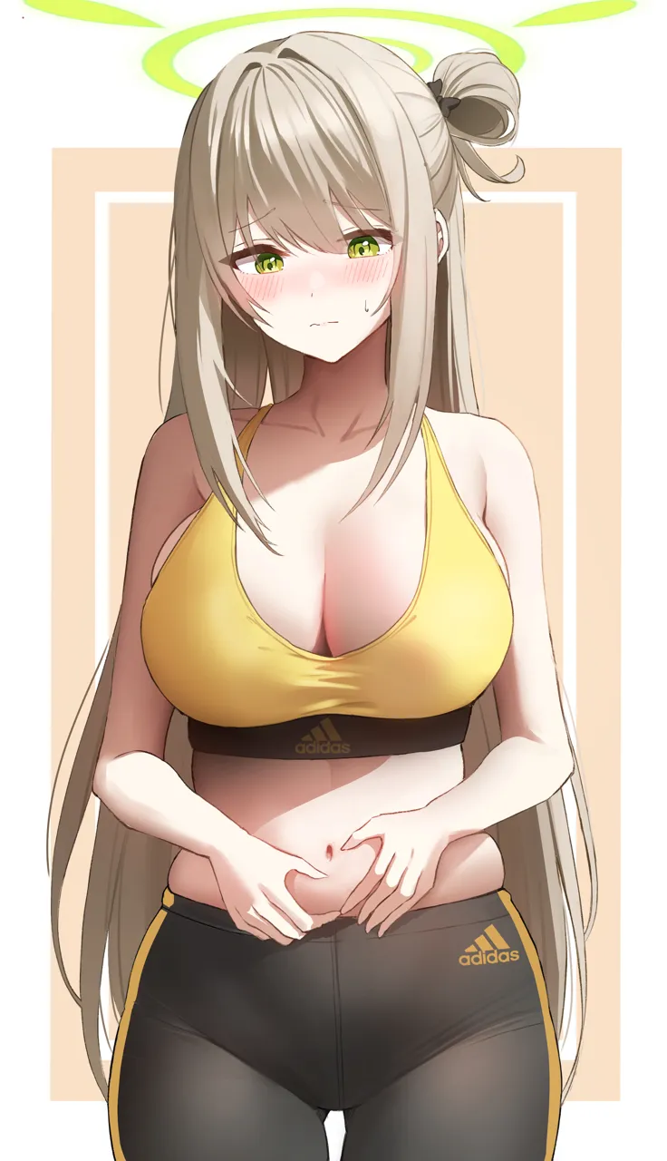 1girl adidas alternate_costume bare_arms bare_shoulders black_pants blue_archive blush border breasts brown_hair cleavage closed_mouth green_eyes hair_bun halo large_breasts long_hair looking_at_viewer midriff navel nonomi__blue_archive one_side_up pants raised_eyebrows single_hair_bun skindentation solo sports_bra sportswear standing stomach straight_hair sweatdrop very_long_hair wavy_mouth weight_conscious white_border yellow_sports_bra yoga_pants yuchae