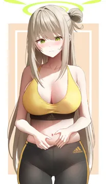 1girl adidas alternate_costume bare_arms bare_shoulders black_pants blue_archive blush border breasts brown_hair cleavage closed_mouth green_eyes hair_bun halo large_breasts long_hair looking_at_viewer midriff navel nonomi__blue_archive one_side_up pants raised_eyebrows single_hair_bun skindentation solo sports_bra sportswear standing stomach straight_hair sweatdrop very_long_hair wavy_mouth weight_conscious white_border yellow_sports_bra yoga_pants yuchae