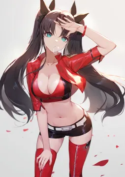 1girl adjusting_hair aqua_eyes belt belt_buckle black_hair black_ribbon black_shorts blowing_bubbles bracelet breasts buckle chewing_gum cleavage collarbone cowboy_shot crop_top cropped_jacket fate__series fate_stay_night hair_ribbon hand_on_own_thigh hand_up jacket jewelry lance__lancelliu long_hair looking_at_viewer medium_breasts midriff nail_polish navel official_alternate_costume open_clothes open_hand open_jacket petals race_queen red_jacket red_nails red_sports_bra red_thighhighs ribbon shiny_clothes short_shorts shorts skindentation solo sports_bra stomach thighhighs tohsaka_rin tohsaka_rin__type_moon_racing twintails two_tone_sports_bra very_long_hair white_belt wristband zipper zipper_legwear