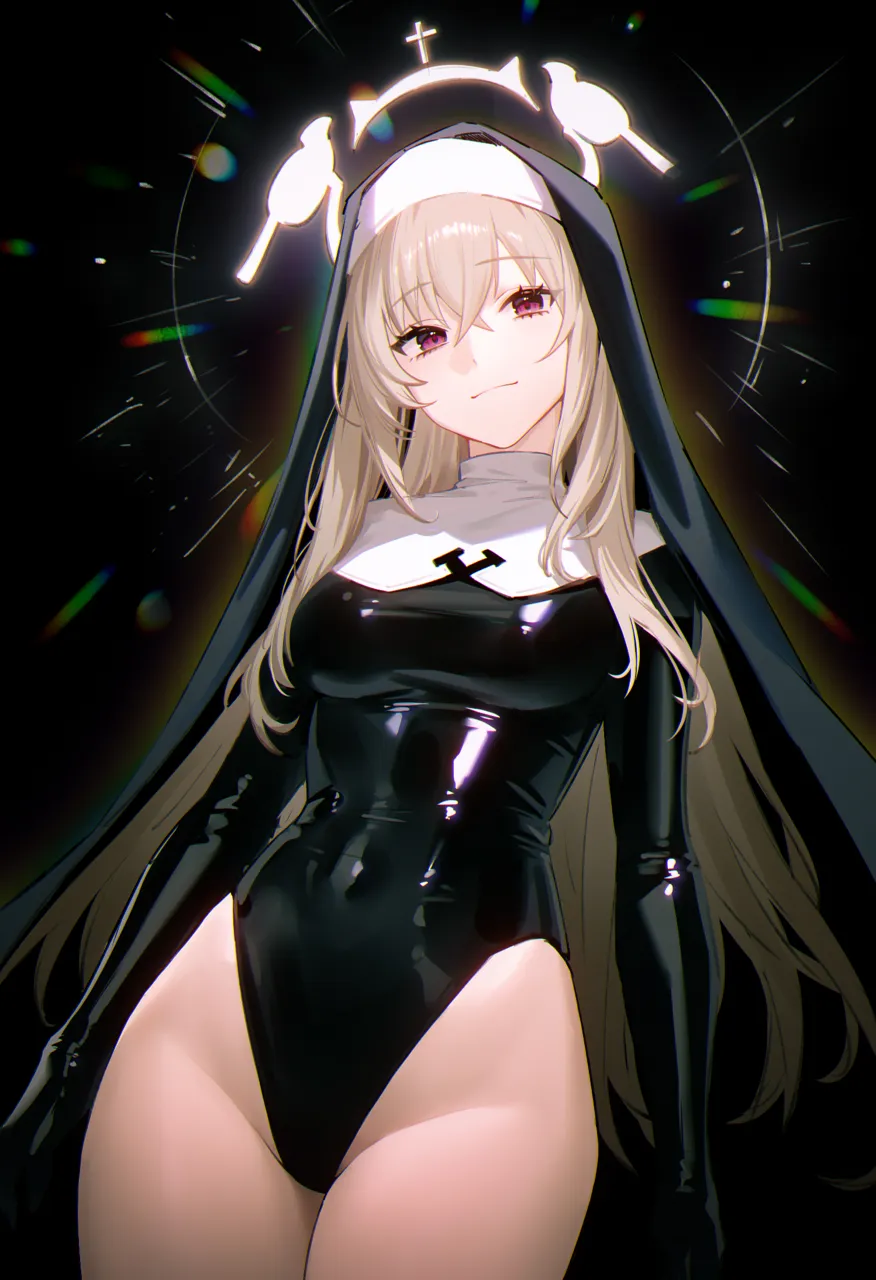 1girl 95__jiuwujiang black_background black_leotard blonde_hair blue_archive blush breasts closed_mouth coif covered_navel cowboy_shot crossed_bangs gloved_sleeves gloves groin habit hair_between_eyes halo highleg highleg_leotard justina_follower__blue_archive latex latex_leotard leotard long_hair long_sleeves looking_at_viewer medium_breasts nun red_eyes sakurako__blue_archive shiny_clothes simple_background skin_tight smile solo standing thighs very_long_hair