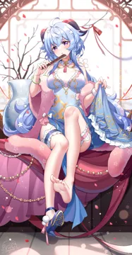 1girl ahoge alternate_costume bare_legs barefoot blue_dress blue_hair blush breasts china_dress chinese_clothes dress feather_boa feet flower folded_fan folding_fan frilled_thigh_strap full_body ganyu__genshin_impact genshin_impact goat_horns gou_lianlian_dogface hair_between_eyes hair_flower hair_ornament hand_fan high_heels holding holding_fan horns long_hair looking_at_viewer medium_breasts parted_lips petals print_dress purple_eyes shoes signature simple_background single_shoe solo thigh_strap vase very_long_hair