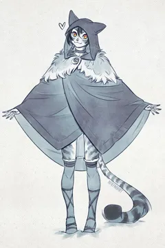1girl animal_ears animal_hood black_hair braid cat_ears cat_tail choker cloak full_body fur_trim furry furry_female heart hood inktober khajiit looking_at_viewer simple_background single_braid smile snow solo standing tail thighhighs nana_nakano the_elder_scrolls the_elder_scrolls_v__skyrim niya__nana_nakano