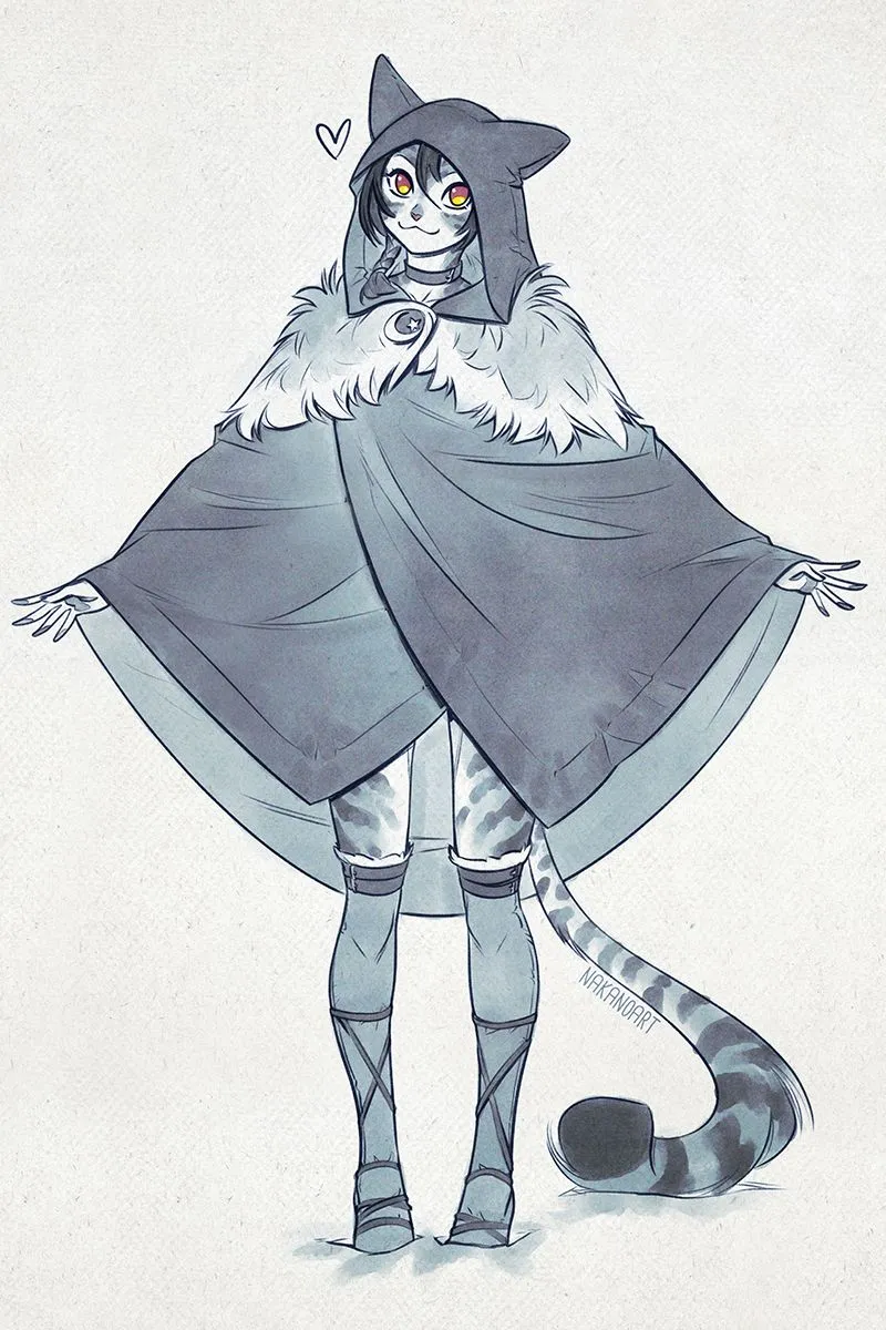 1girl animal_ears animal_hood black_hair braid cat_ears cat_tail choker cloak full_body fur_trim furry furry_female heart hood inktober khajiit looking_at_viewer simple_background single_braid smile snow solo standing tail thighhighs nana_nakano the_elder_scrolls the_elder_scrolls_v__skyrim niya__nana_nakano