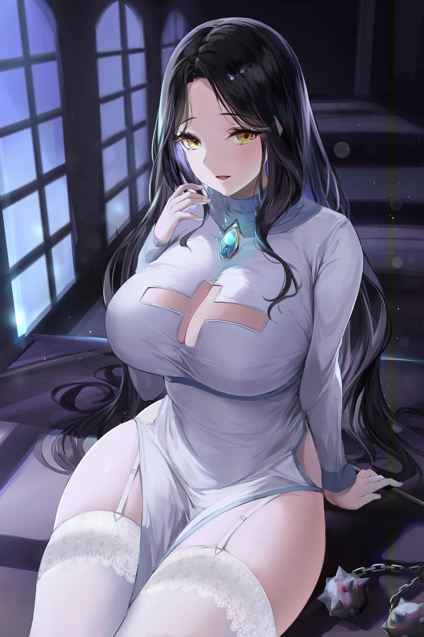 1girl arm_support black_hair breasts cleavage cleavage_cutout clothing_cutout cowboy_shot cross_cutout dress flail garter_straps glowing indoors lace_trim lace_trimmed_legwear large_breasts lillly long_hair long_sleeves looking_at_viewer night open_mouth parted_bangs side_slit sidelocks sitting solo thighhighs thighs weapon white_dress white_thighhighs window yellow_eyes