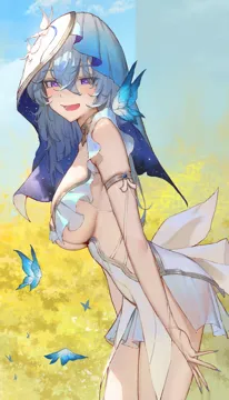 1girl armlet blue_butterfly blue_hair blue_veil breasts bug butterfly cowboy_shot dress fingernails from_side hair_between_eyes jewelry large_breasts leaning_forward long_fingernails open_mouth purple_eyes sleeveless sleeveless_dress smile solo two_tone_veil veil white_dress white_veil sib__9obsl wuthering_waves shorekeeper__wuthering_waves