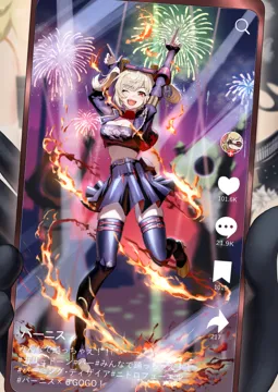 1girl aerial_fireworks arms_up belt black_belt black_gloves black_jacket black_skirt black_thighhighs black_tube_top blonde_hair breasts brown_footwear cellphone cleavage crop_top eyewear_on_head fire fireworks gloves hands_up high_waist_skirt high_heels holding holding_phone jacket large_breasts leg_up midriff open_mouth phone pleated_skirt pointing pointing_up pyrokinesis red_eyes skindentation skirt smartphone solo strapless thighhighs tube_top two_side_up fuli__narumiyafuri zenless_zone_zero burnice_white__zenless_zone_zero