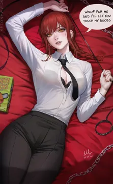 1girl arm_up artist_name black_bra black_necktie black_pants bra braid braided_ponytail breasts chain chainsaw_man collar collared_shirt dress_shirt english_text formal_clothes holding long_hair long_sleeves looking_at_viewer lying makima__chainsaw_man medium_breasts necktie nose on_back pants parted_lips pochita__chainsaw_man realistic red_hair ringed_eyes sciamano240 see_through_clothes see_through_shirt shirt sidelocks signature solo speech_bubble spiked_collar spikes underwear white_shirt yellow_eyes