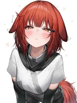 1girl black_pants blush closed_mouth floppy_ears hair_intakes heart hyena_ears hyena_girl hyena_tail looking_at_viewer pants red_eyes red_hair shirt short_hair simple_background solo white_background white_shirt tab_head arknights crownslayer__arknights
