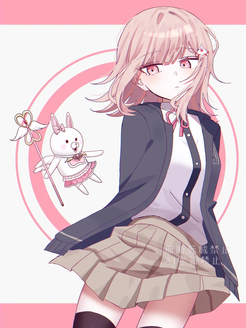 1girl black_jacket black_shirt black_thighhighs brown_hair collared_shirt cowboy_shot dress_shirt hair_ornament jacket long_sleeves medium_hair miniskirt neck_ribbon open_clothes open_jacket pink_eyes pink_ribbon pleated_skirt ribbon shirt shirt_tucked_in skirt teeth thighhighs watermark white_shirt zettai_ryouiki su_no__su_no090 danganronpa__series danganronpa_2__goodbye_despair galaga nanami_chiaki usami__danganronpa