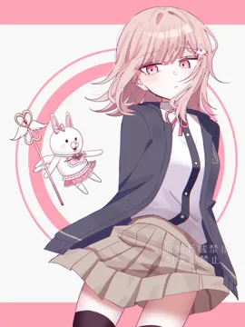 1girl black_jacket black_shirt black_thighhighs brown_hair collared_shirt cowboy_shot dress_shirt hair_ornament jacket long_sleeves medium_hair miniskirt neck_ribbon open_clothes open_jacket pink_eyes pink_ribbon pleated_skirt ribbon shirt shirt_tucked_in skirt teeth thighhighs watermark white_shirt zettai_ryouiki su_no__su_no090 danganronpa__series danganronpa_2__goodbye_despair galaga nanami_chiaki usami__danganronpa