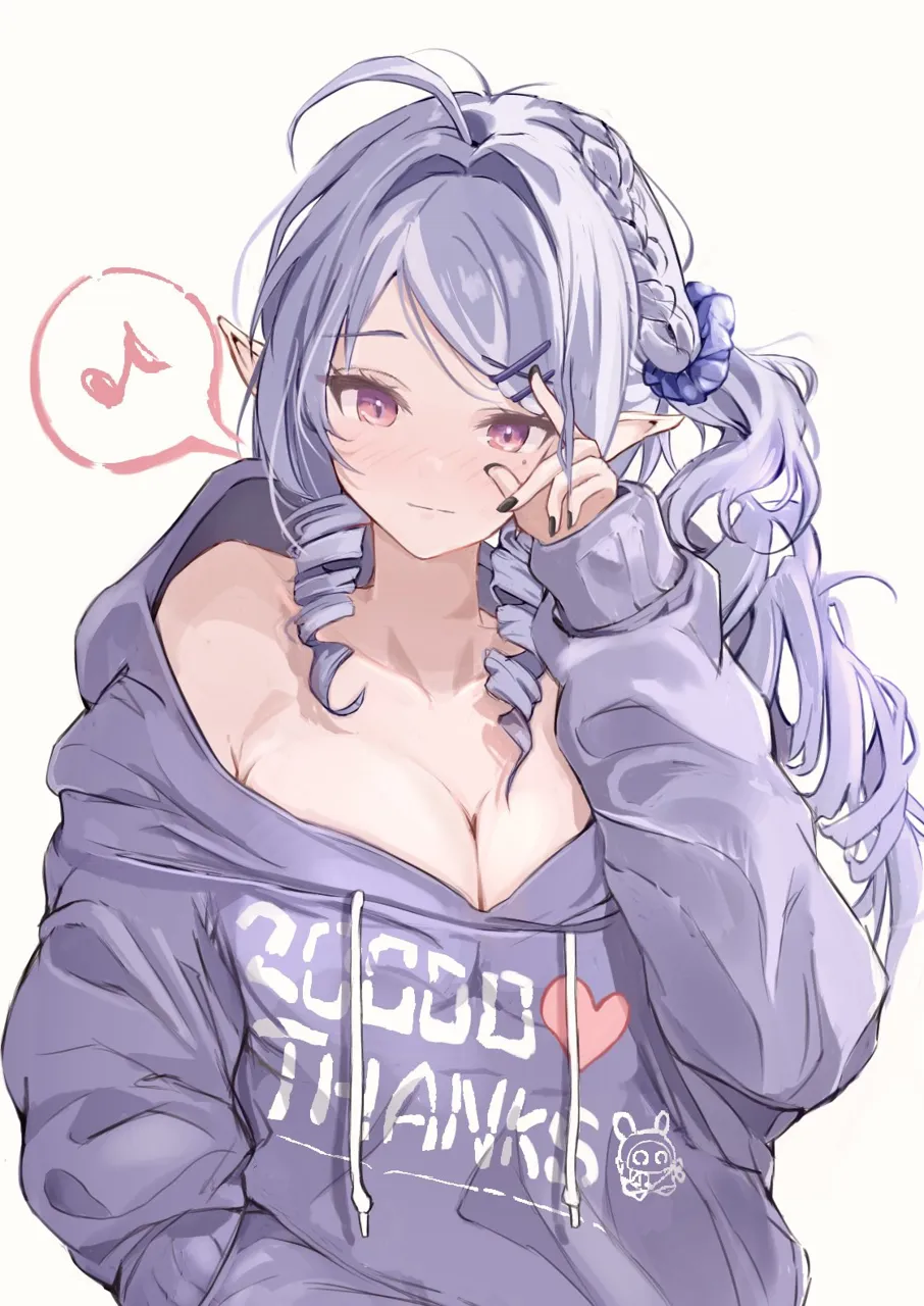 1girl alternate_costume alternate_hairstyle black_nails breasts cleavage large_breasts long_hair mole mole_under_eye pointy_ears purple_hair purple_sweater simple_background solo sweater upper_body white_background pinjirooo zenless_zone_zero vivian__zenless_zone_zero