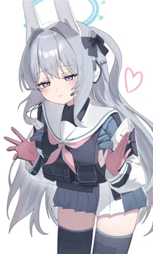 1girl animal_ears black_gloves blue_halo blue_serafuku blue_skirt blush braid breasts closed_mouth fake_animal_ears gloves grey_hair hair_between_eyes halo heart knee_pads long_hair long_sleeves neckerchief one_side_up pink_gloves pink_neckerchief pleated_skirt purple_eyes rabbit_ears sailor_collar school_uniform serafuku sideboob simple_background skirt small_breasts smile solo two_tone_gloves two_tone_skirt white_background white_sailor_collar white_skirt koba__kobako42 blue_archive miyako__blue_archive
