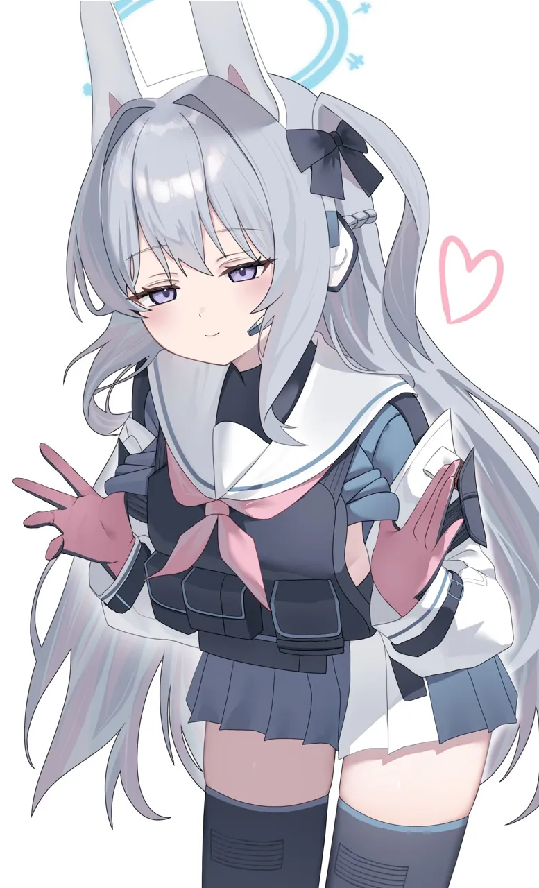 1girl animal_ears black_gloves blue_halo blue_serafuku blue_skirt blush braid breasts closed_mouth fake_animal_ears gloves grey_hair hair_between_eyes halo heart knee_pads long_hair long_sleeves neckerchief one_side_up pink_gloves pink_neckerchief pleated_skirt purple_eyes rabbit_ears sailor_collar school_uniform serafuku sideboob simple_background skirt small_breasts smile solo two_tone_gloves two_tone_skirt white_background white_sailor_collar white_skirt koba__kobako42 blue_archive miyako__blue_archive