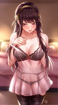 1girl artist_logo bare_shoulders black_bra black_panties black_thighhighs blurry blurry_background blush bra breasts brown_hair collarbone cowboy_shot garter_belt green_hairband hairband hand_up hands_on_own_breasts hua_j indoors lingerie logo long_hair looking_at_viewer off_shoulder panties red_eyes see_through_clothes solo spy_x_family standing thighhighs underwear yes yes_no_pillow yor_briar