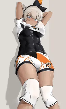 1girl against_wall arms_behind_head black_bodysuit black_hairband blonde_hair blue_eyes blush bodysuit bodysuit_under_clothes bow_hairband breasts cameltoe closed_mouth covered_abs covered_navel dark_skinned_female dark_skin eyelashes from_below hair_between_eyes hairband knee_pads looking_at_viewer print_shorts shiny_skin shirt short_hair short_sleeves shorts solo alterkyon pokemon pokemon_swsh bea__pokemon