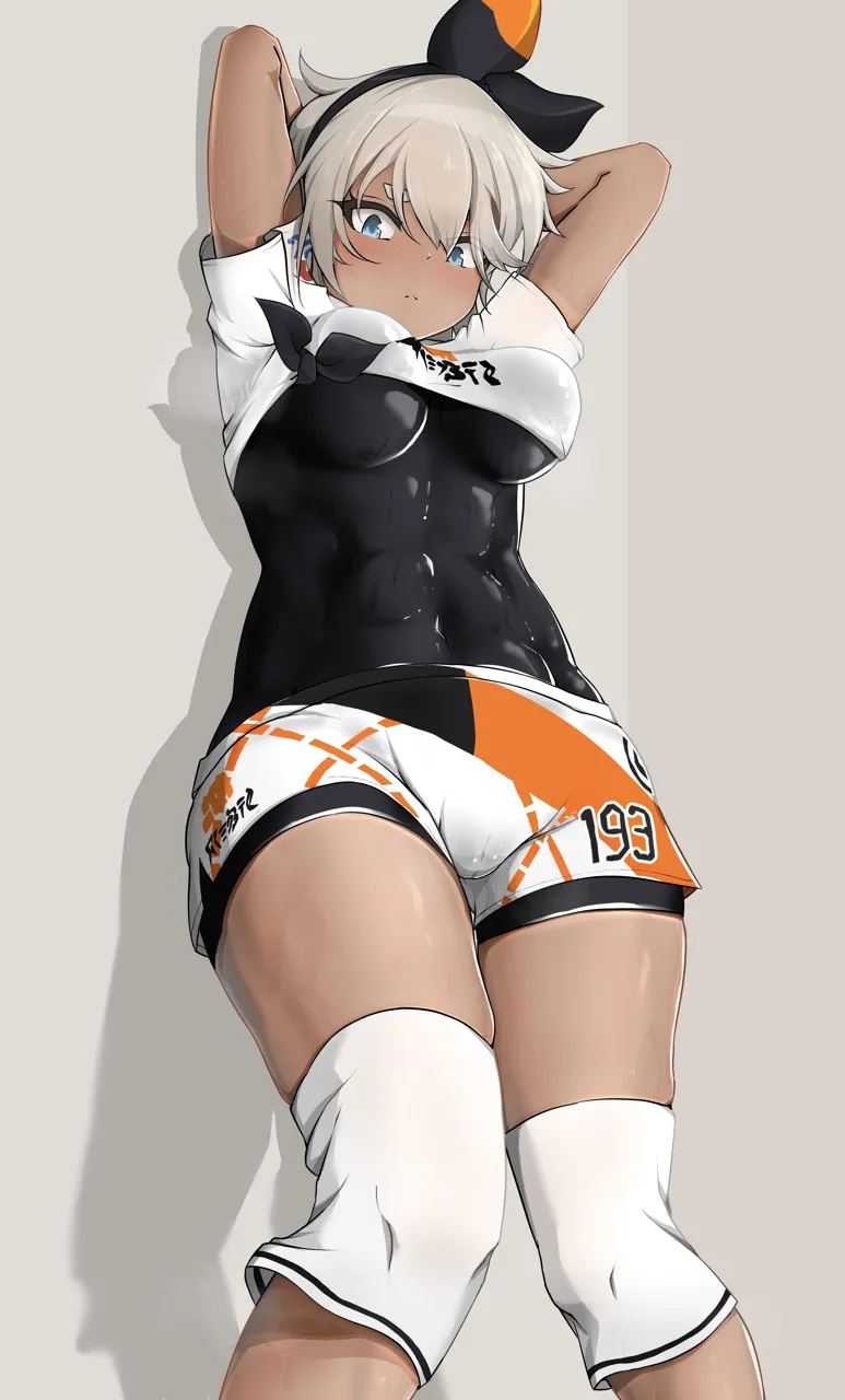 1girl against_wall arms_behind_head black_bodysuit black_hairband blonde_hair blue_eyes blush bodysuit bodysuit_under_clothes bow_hairband breasts cameltoe closed_mouth covered_abs covered_navel dark_skinned_female dark_skin eyelashes from_below hair_between_eyes hairband knee_pads looking_at_viewer print_shorts shiny_skin shirt short_hair short_sleeves shorts solo alterkyon pokemon pokemon_swsh bea__pokemon