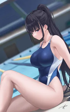 1girl arm_support bare_legs bare_shoulders black_hair blue_one_piece_swimsuit blurry blurry_background blush breasts closed_mouth collarbone competition_swimsuit covered_navel dutch_angle feet_out_of_frame from_side high_ponytail highleg highleg_one_piece_swimsuit knee_up large_breasts leaning_back light_particles light_smile long_hair looking_at_viewer one_piece_swimsuit ponytail pool poolside purple_eyes sidelocks sideways_glance signature sitting solo swimsuit taut_clothes taut_swimsuit thighs two_tone_swimsuit very_long_hair yabacha