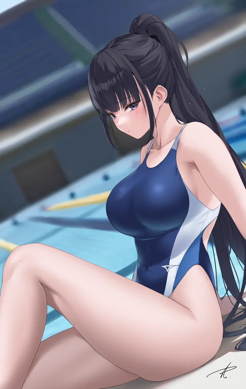 1girl arm_support bare_legs bare_shoulders black_hair blue_one_piece_swimsuit blurry blurry_background blush breasts closed_mouth collarbone competition_swimsuit covered_navel dutch_angle feet_out_of_frame from_side high_ponytail highleg highleg_one_piece_swimsuit knee_up large_breasts leaning_back light_particles light_smile long_hair looking_at_viewer one_piece_swimsuit ponytail pool poolside purple_eyes sidelocks sideways_glance signature sitting solo swimsuit taut_clothes taut_swimsuit thighs two_tone_swimsuit very_long_hair yabacha