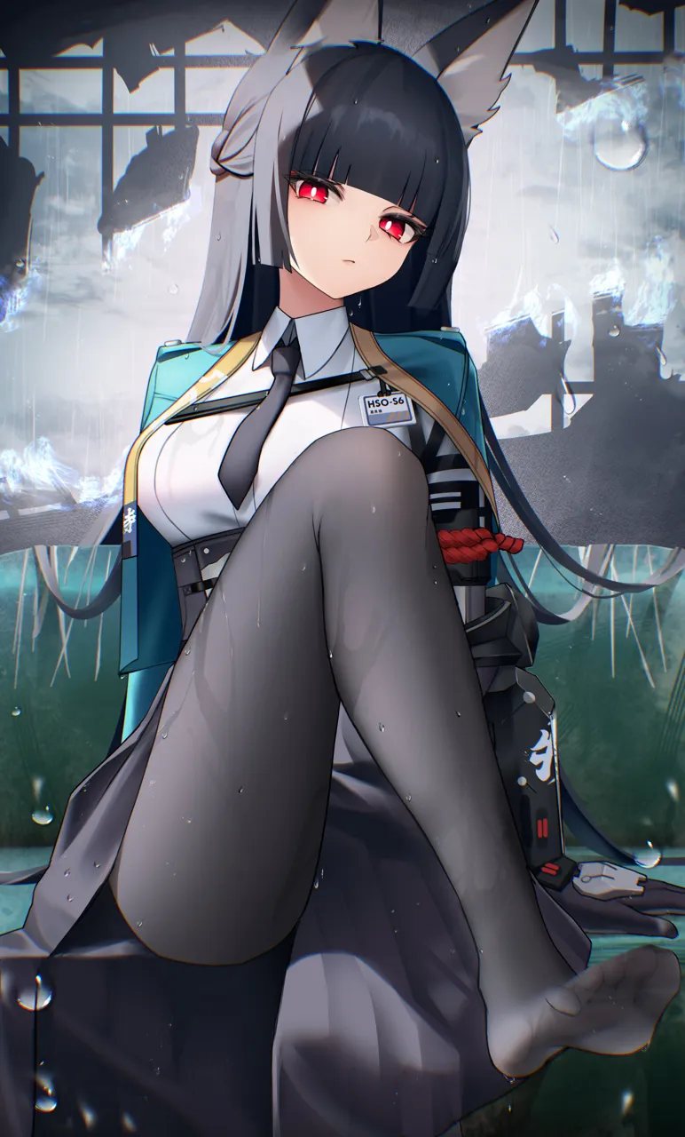 1girl animal_ear_fluff animal_ears aqua_jacket black_gloves black_hair black_necktie black_pantyhose black_skirt blunt_bangs blunt_ends breasts closed_mouth dress_shirt feet foot_out_of_frame fox_ears fox_girl gloves green_jacket high_waist_skirt jacket knee_up leg_up legs light_blush long_hair looking_ahead looking_at_viewer medium_breasts necktie no_shoes pantyhose rain red_eyes shirt sidelocks sitting skirt solo toes white_shirt thomas_8000 zenless_zone_zero hoshimi_miyabi__zenless_zone_zero