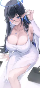 1girl alternate_costume arm_support armpits black_framed_eyewear black_hair blue_archive blue_eyes blue_eyeshadow blue_hair blush breasts cleavage collarbone cropped_jacket curvy dongtan_dress dress eyeshadow feet_out_of_frame giga_tera glasses halo jacket jewelry large_breasts long_hair looking_at_viewer makeup meme_attire multicolored_hair pointy_ears rin__blue_archive ring simple_background sitting solo straight_hair two_tone_hair white_background white_dress white_jacket