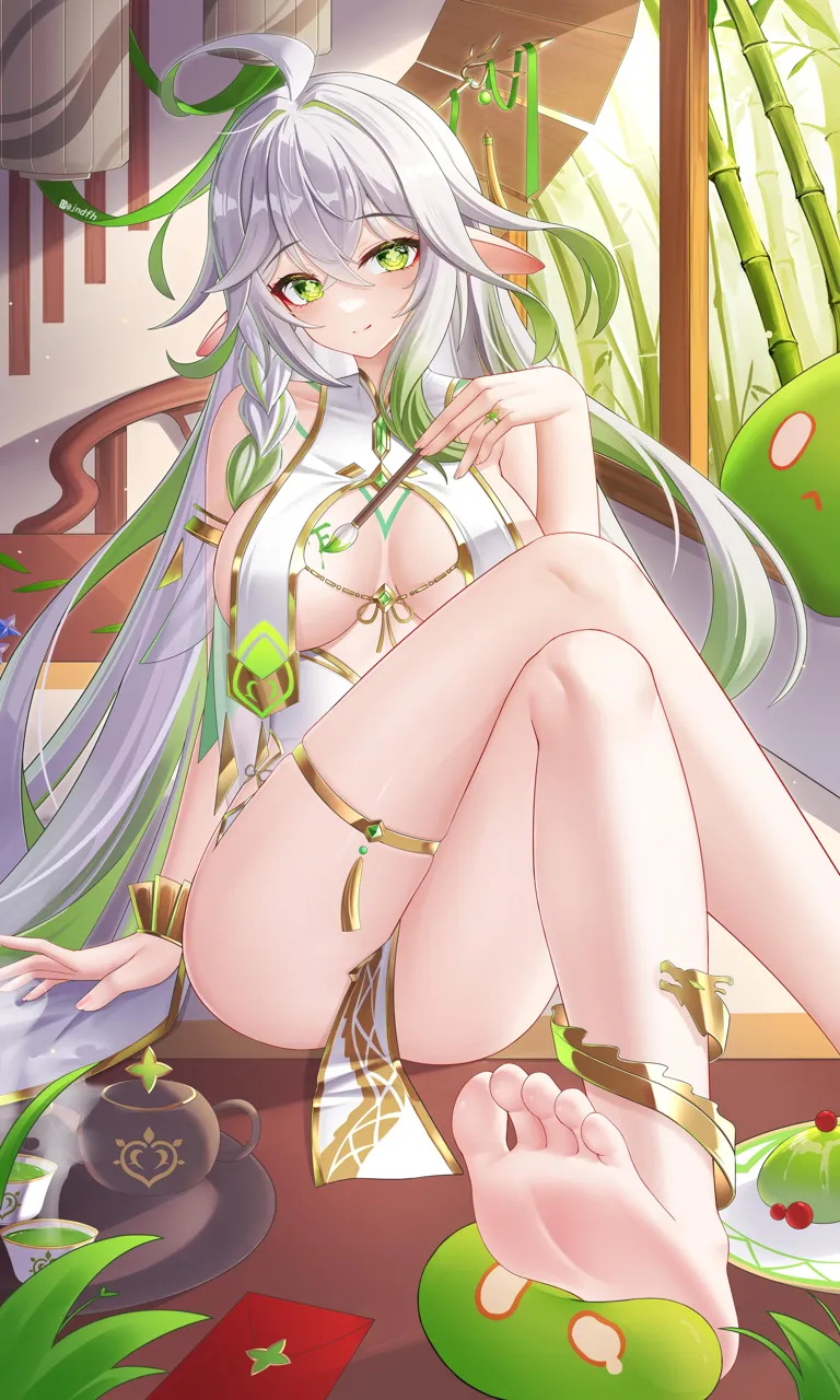 1girl alternate_costume arm_support artist_name bamboo bare_legs bare_shoulders barefoot body_writing bracelet breast_curtains breasts breasts_apart calligraphy_brush clothes_between_thighs colored_tips covered_collarbone cross_shaped_pupils crossed_legs dress feet foot_out_of_frame genshin_impact gold_bracelet gold_thighlet gold_trim green_eyes green_hair holding holding_calligraphy_brush holding_paintbrush indoors jewelry jndfh large_breasts legs long_hair looking_at_viewer multicolored_hair on_table paintbrush pelvic_curtain pointy_ears ring rukkhadevata__genshin_impact sidelocks sitting slime__genshin_impact smile soles solo symbol_shaped_pupils table tea teapot thighs white_dress white_hair