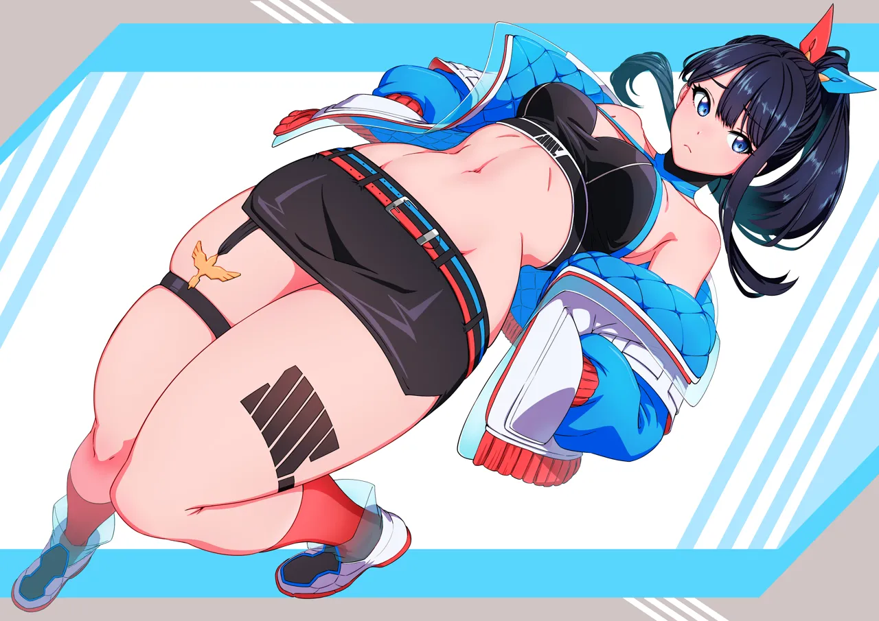 1girl aduti_momoyama bare_shoulders belt black_hair black_skirt black_sports_bra blue_eyes blue_jacket breasts crop_top foreshortening full_body gridman_universe gridman_universe__film hair_ribbon hands_in_pockets jacket leg_tattoo long_sleeves looking_at_viewer midriff miniskirt navel off_shoulder official_alternate_costume open_clothes open_jacket pencil_skirt ponytail ribbon shoes simple_background skindentation skirt sneakers solo sports_bra ssss_gridman stomach takarada_rikka tattoo thick_thighs thigh_strap thighs