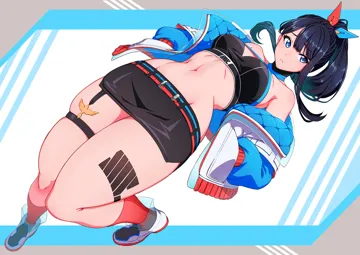 1girl aduti_momoyama bare_shoulders belt black_hair black_skirt black_sports_bra blue_eyes blue_jacket breasts crop_top foreshortening full_body gridman_universe gridman_universe__film hair_ribbon hands_in_pockets jacket leg_tattoo long_sleeves looking_at_viewer midriff miniskirt navel off_shoulder official_alternate_costume open_clothes open_jacket pencil_skirt ponytail ribbon shoes simple_background skindentation skirt sneakers solo sports_bra ssss_gridman stomach takarada_rikka tattoo thick_thighs thigh_strap thighs