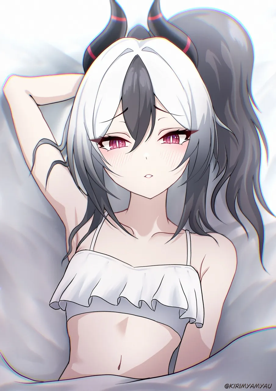 1girl armpits black_hair blush breasts collarbone demon_girl demon_horns horns long_hair looking_at_viewer lying multicolored_hair navel red_eyes small_breasts solo swimsuit two_tone_hair white_hair kirimyamyau blue_archive kayoko__blue_archive