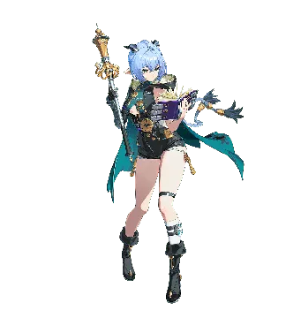 1girl ahoge bare_shoulders blue_hair book braid breasts holding holding_book holding_staff hood horns low_twin_braids open_book pointy_ears reading smile solo staff thighs transparent_background twin_braids zenless_zone_zero lucia__zenless_zone_zero