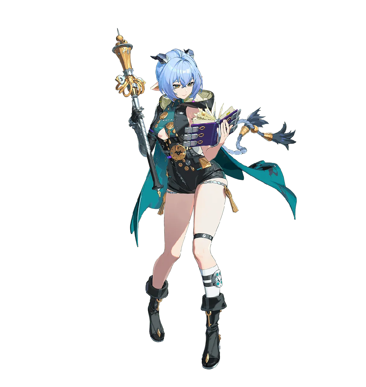 1girl ahoge bare_shoulders blue_hair book braid breasts holding holding_book holding_staff hood horns low_twin_braids open_book pointy_ears reading smile solo staff thighs transparent_background twin_braids zenless_zone_zero lucia__zenless_zone_zero