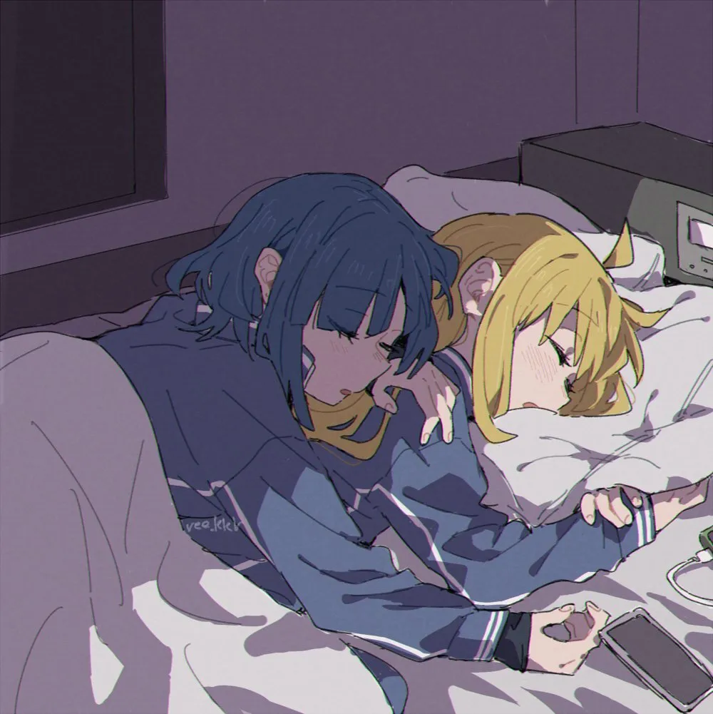 2girls ahoge bedroom blanket blonde_hair blue_hair cellphone closed_eyes cuddling girl_on_top indoors lying_on_person multiple_girls pajamas phone shared_bed signature sleeping sleeping_on_person smartphone under_covers upper_body yuri ree__re_19 bocchi_the_rock ijichi_nijika yamada_ryo