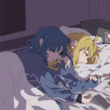 2girls ahoge bedroom blanket blonde_hair blue_hair cellphone closed_eyes cuddling girl_on_top indoors lying_on_person multiple_girls pajamas phone shared_bed signature sleeping sleeping_on_person smartphone under_covers upper_body yuri ree__re_19 bocchi_the_rock ijichi_nijika yamada_ryo