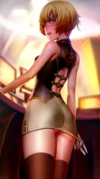 1girl ass bare_shoulders blonde_hair blush breasts from_behind looking_at_viewer looking_back miniskirt open_mouth short_hair skirt skirt_tug small_breasts solo thighhighs as109 god_eater god_eater_2__rage_burst fran_francois_francesca_de_bourgogne