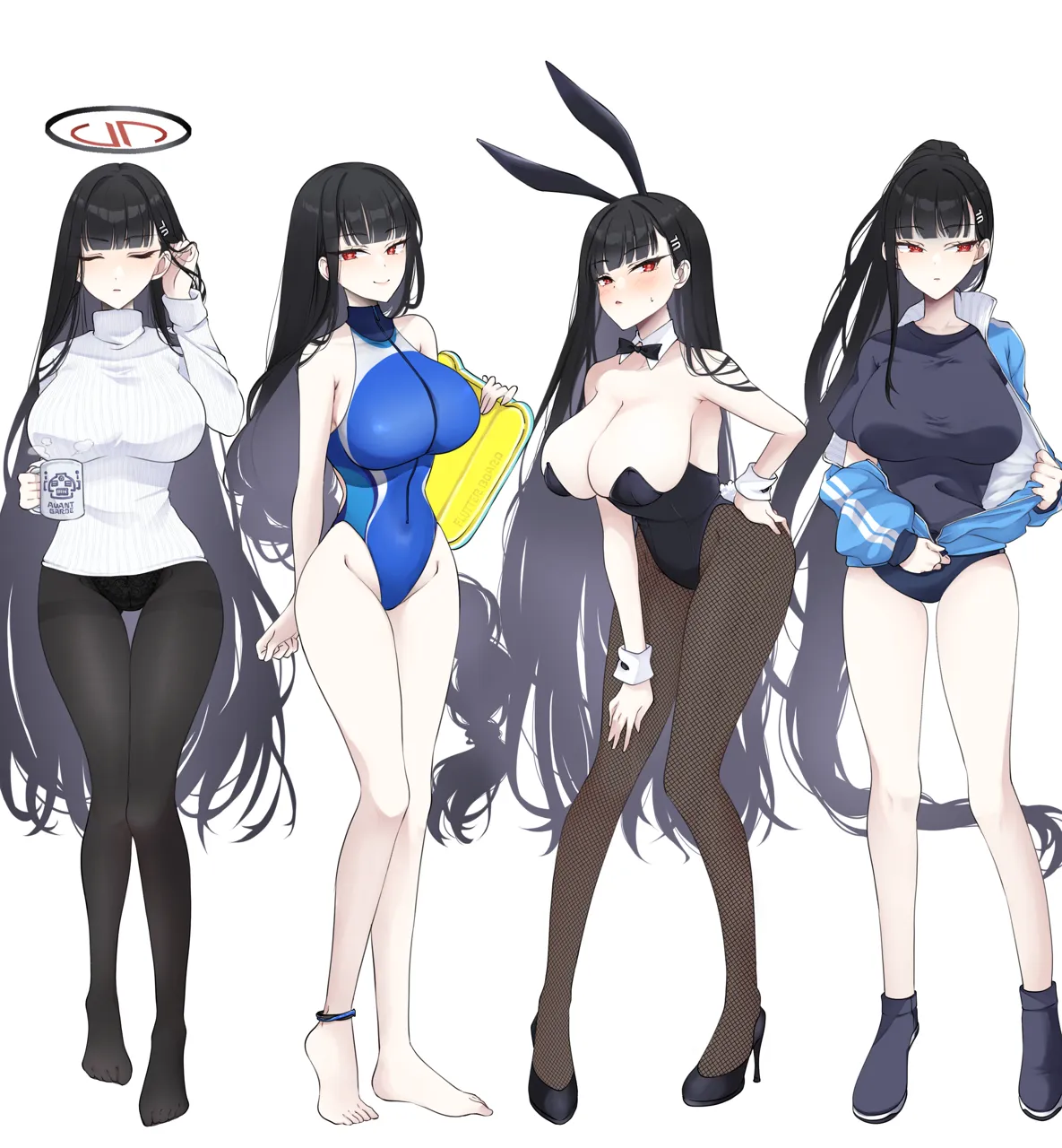 1girl alternate_costume alternate_hairstyle animal_ears anklet armpits avant_garde__blue_archive bare_legs bare_shoulders barefoot black_buruma black_hair black_leotard black_pantyhose black_shirt blue_archive blue_jacket blunt_bangs bow braid breasts buruma cameo cleavage collarbone competition_school_swimsuit cup detached_collar fake_animal_ears fake_tail full_body groin gym_shirt gym_uniform hair_ornament hairclip halo hand_on_own_ass highleg highleg_leotard holding holding_cup jacket jewelry kickboard large_breasts leaning_forward leotard long_hair long_sleeves looking_at_viewer looking_away mug multiple_views open_clothes open_jacket panties panties_under_pantyhose pantyhose playboy_bunny ponytail rabbit_ears rabbit_tail red_eyes ribbed_sweater rio__blue_archive school_swimsuit shirt short_sleeves sidelocks simple_background single_braid standing standing_on_one_leg strapless strapless_leotard sweater swimsuit tail toes track_jacket turtleneck turtleneck_sweater underwear undressing very_long_hair white_background yoru0409 zipper