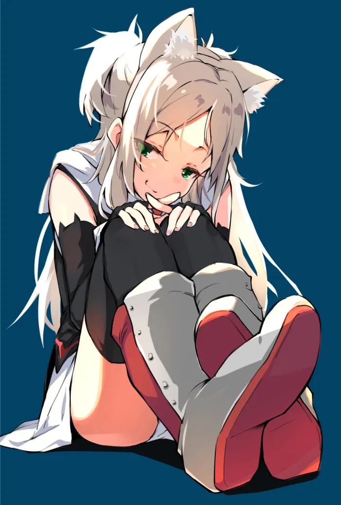 1girl animal_ear_fluff animal_ears black_gloves black_thighhighs blue_background boots cat_ears crossed_ankles elbow_gloves fingerless_gloves gloves green_eyes hands_on_own_knees knee_boots knees_to_chest long_hair looking_at_viewer panties simple_background sitting solo thighhighs underwear white_hair white_panties youhei_64d azur_lane sims__azur_lane